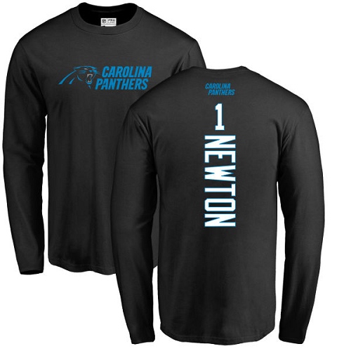Carolina Panthers Men Black Cam Newton Backer NFL Football #1 Long Sleeve T Shirt